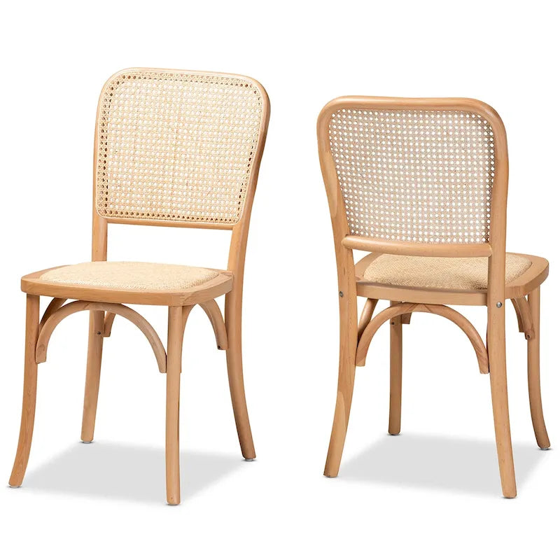 Ensemble de 2 chaises de salle à manger Neah en rotin tressé et bois, style Mid-Century Modern