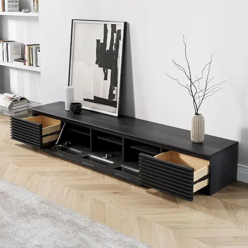 Meuble TV minimaliste avec tiroirs, console multimédia en bois massif avec placards, porte abattante, placage noyer, entièrement assemblé