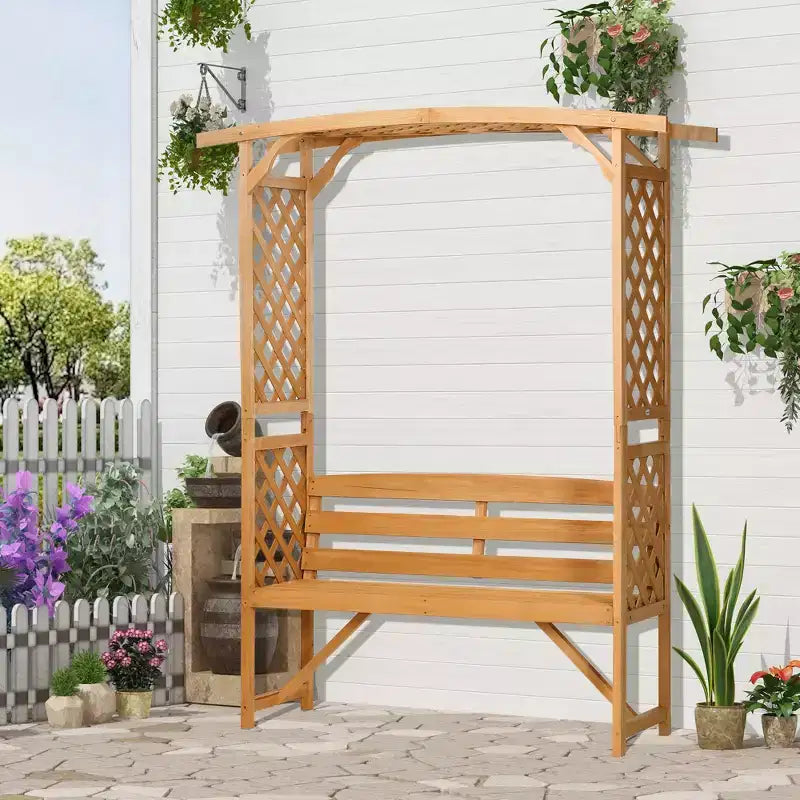 Banc de jardin Outsunny avec arche pergola et 2 treillis, banc extérieur 3 places en bois naturel pour vignes et plantes grimpantes