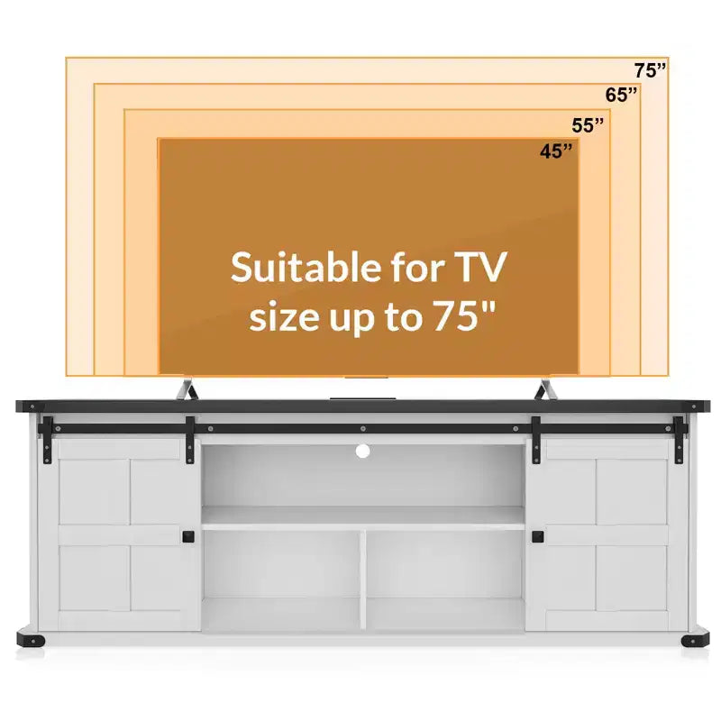 Meuble TV 70 po pour téléviseurs 75 po, centre de divertissement style ferme avec portes coulissantes de grange et armoires de rangement, table console TV média moderne
