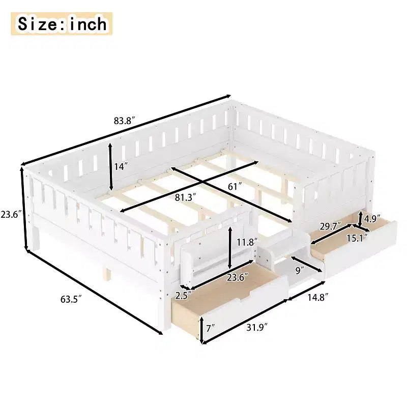 Lit pour tout-petits Bellemave Queen Size avec 14 barrières de sécurité, cadre de lit peu encombrant avec étagères intégrées et 2 tiroirs de rangement sous le lit