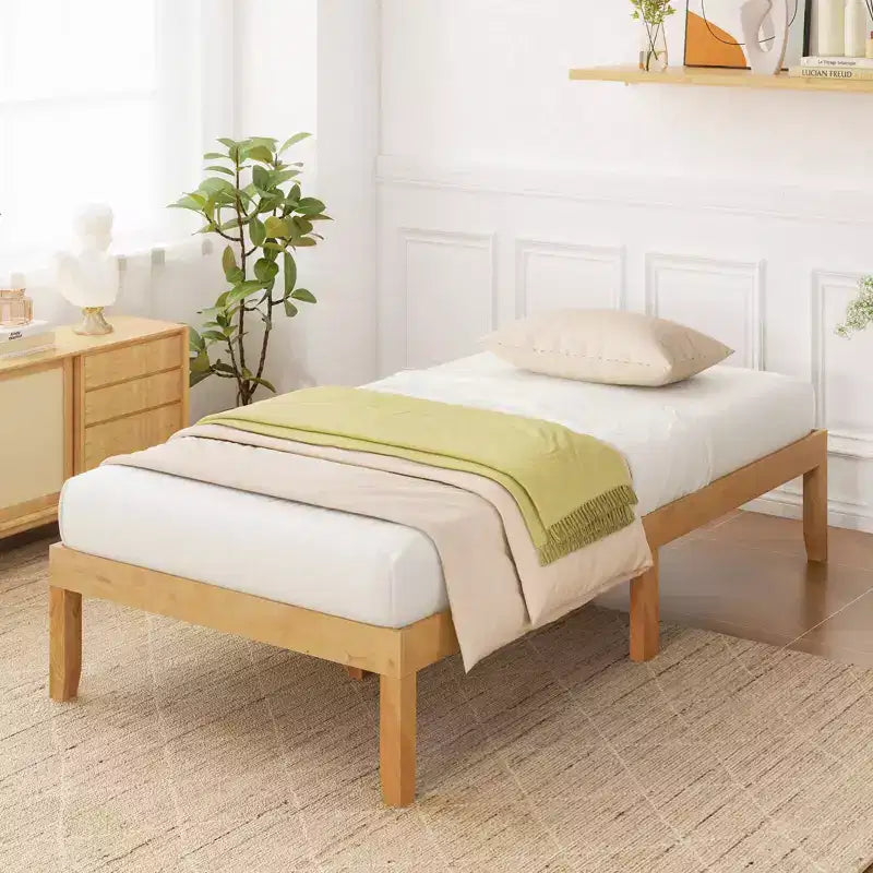 Cadre de lit plateforme en bois pour lits jumeaux/doubles/grands lits de 14 po avec pieds en bois d'hévéa et rangement sous le lit beige