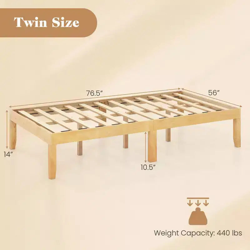 Cadre de lit plateforme en bois pour lits jumeaux/doubles/grands lits de 14 po avec pieds en bois d'hévéa et rangement sous le lit beige