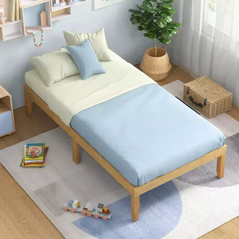 Cadre de lit plateforme en bois pour lits jumeaux/doubles/grands lits de 14 po avec pieds en bois d'hévéa et rangement sous le lit beige