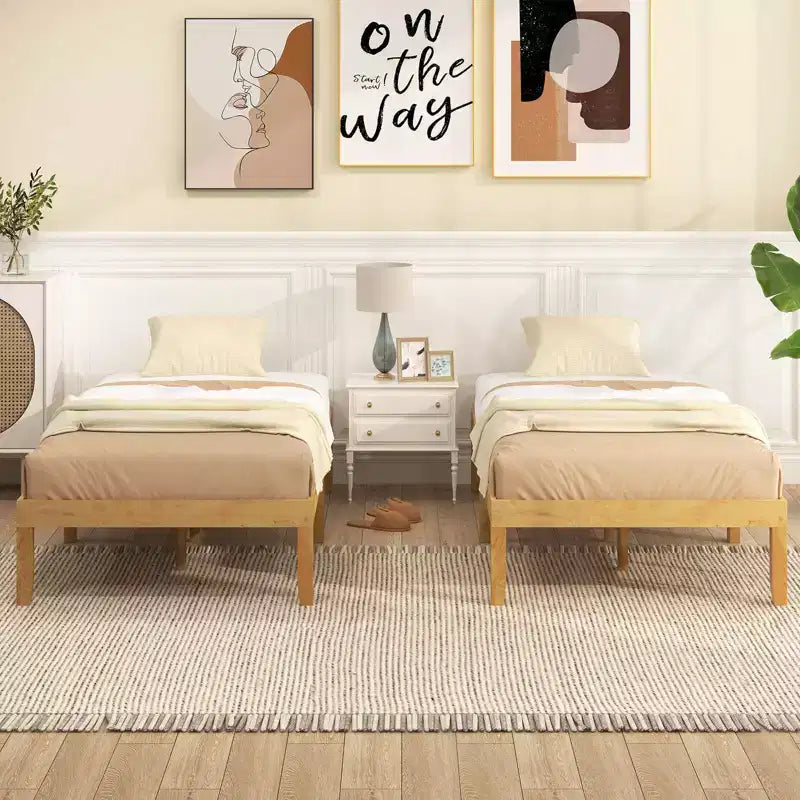 Cadre de lit plateforme en bois pour lits jumeaux/doubles/grands lits de 14 po avec pieds en bois d'hévéa et rangement sous le lit beige