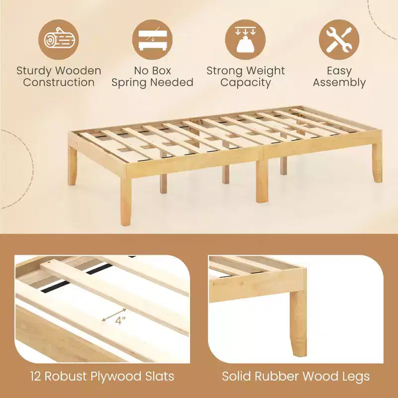 Cadre de lit plateforme en bois pour lits jumeaux/doubles/grands lits de 14 po avec pieds en bois d'hévéa et rangement sous le lit beige