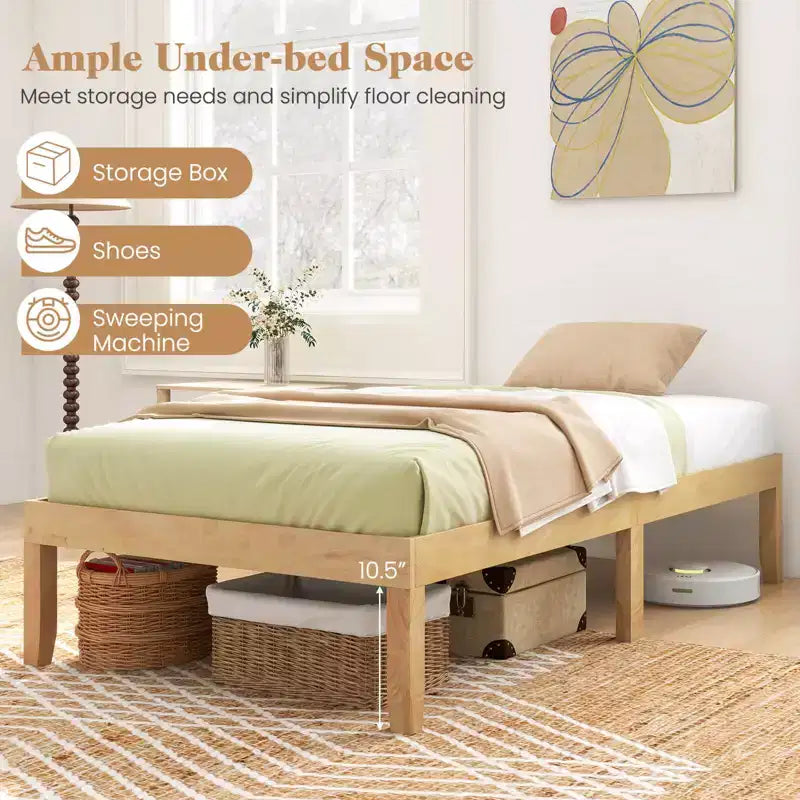 Cadre de lit plateforme en bois pour lits jumeaux/doubles/grands lits de 14 po avec pieds en bois d'hévéa et rangement sous le lit beige