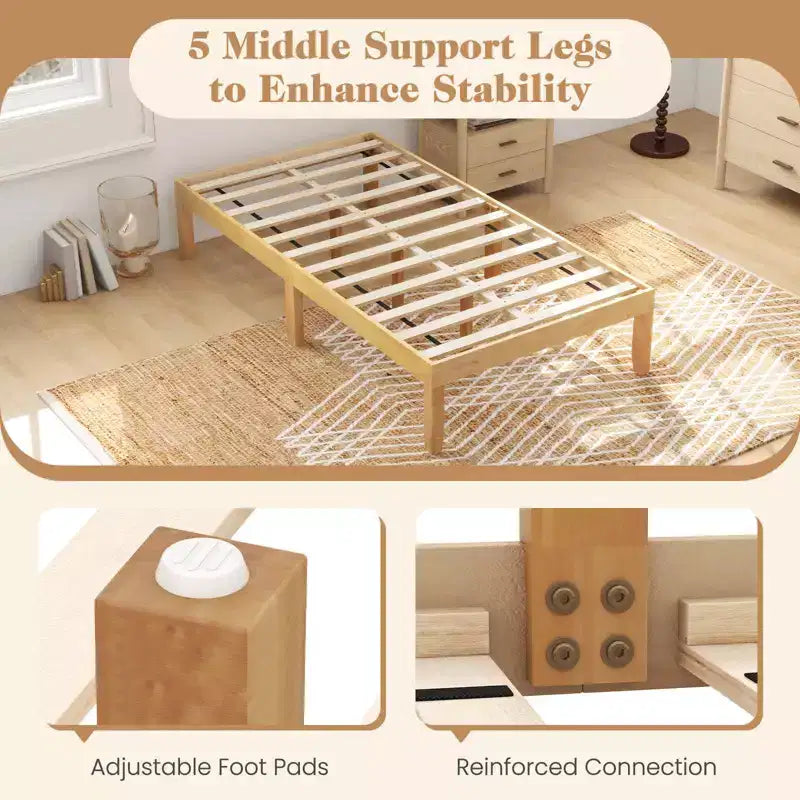 Cadre de lit plateforme en bois pour lits jumeaux/doubles/grands lits de 14 po avec pieds en bois d'hévéa et rangement sous le lit beige