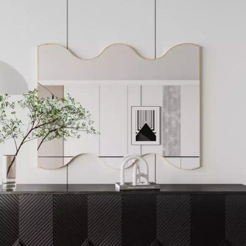 30x35 Golden Rectangular Wall Mirror with Wavy Sides: Metal Frame, Vanity, Dressing - Elegant for Bath, Living, Bed