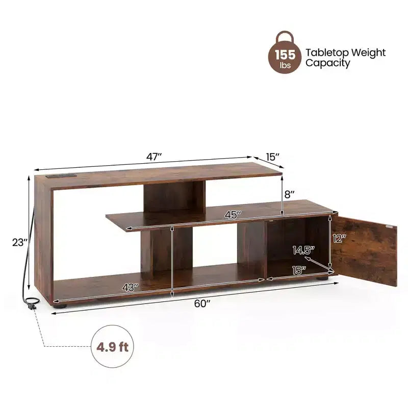 Meuble TV 60" avec station de charge, étagères de rangement, centre de divertissement industriel