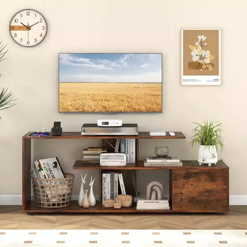 Meuble TV 60" avec station de charge, étagères de rangement, centre de divertissement industriel