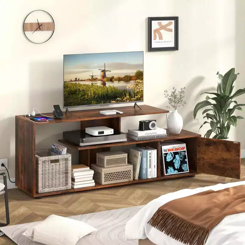 Meuble TV 60" avec station de charge, étagères de rangement, centre de divertissement industriel