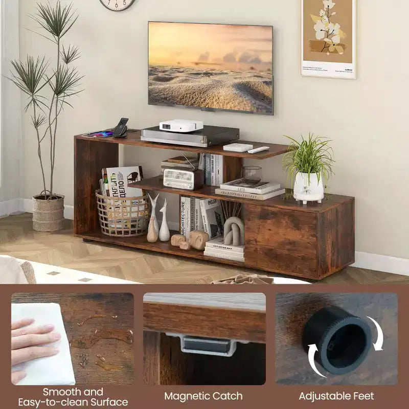 Meuble TV 60" avec station de charge, étagères de rangement, centre de divertissement industriel