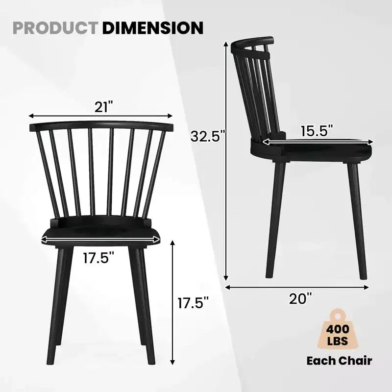 2 chaises de salle à manger Windsor en bois d'hévéa avec dossier à barreaux pour salon Noir/Naturel