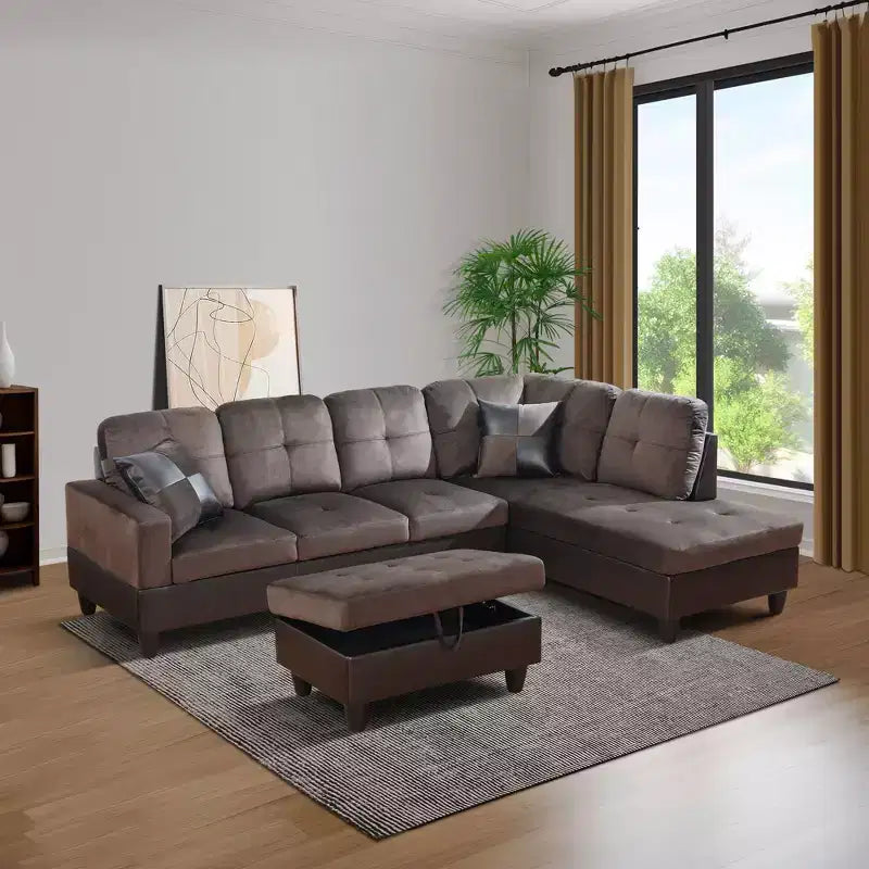 Canapé de salon en forme de L avec double couche de ressorts, ensemble de canapés 3 pièces en peluche courte, doux et respirant