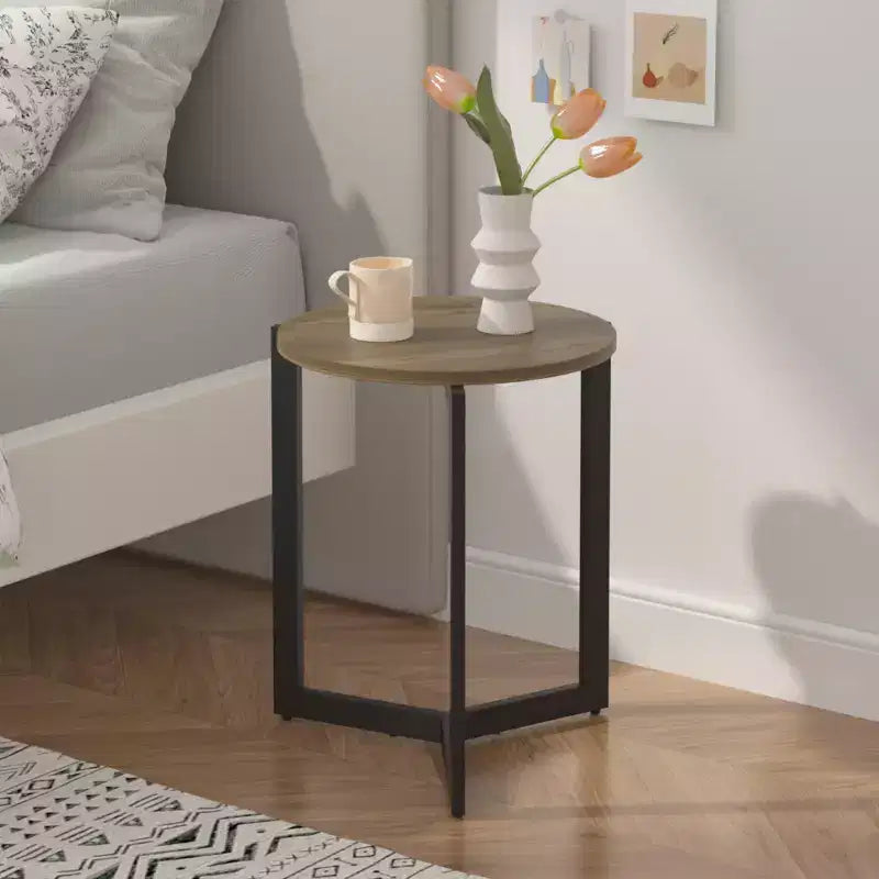 GDFStudio Barret 19.68''H Wood Round End Table with Sturdy Metal Frame