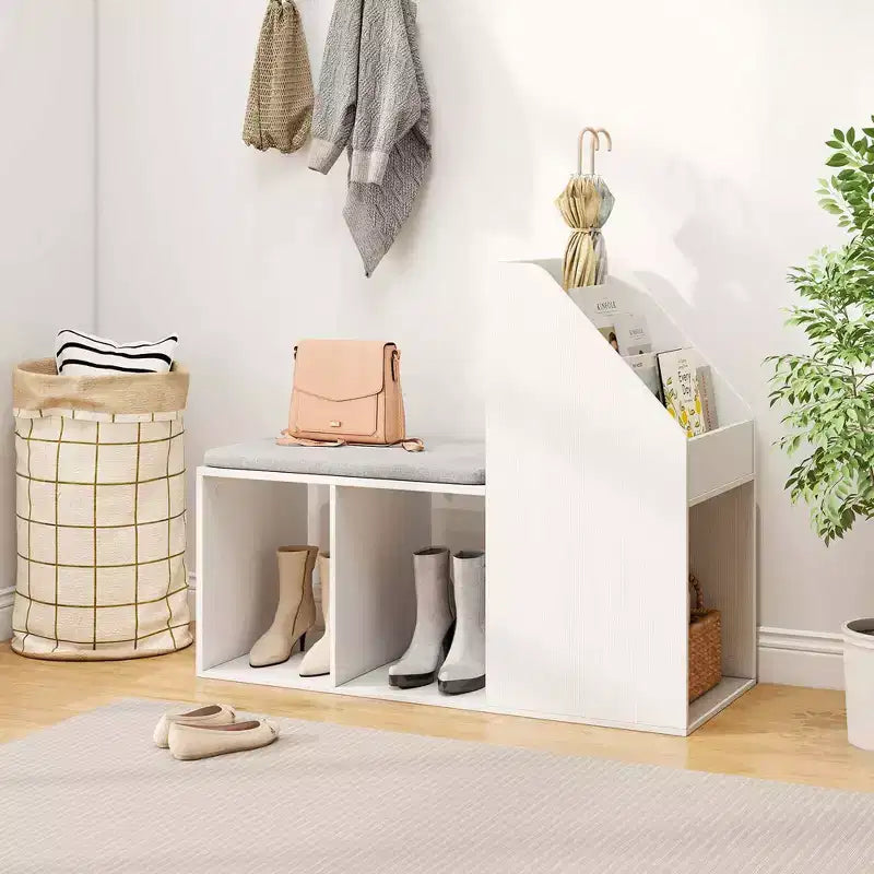 Banc de rangement pour chaussures avec coussin d'assise amovible et 3 compartiments de rangement latéraux