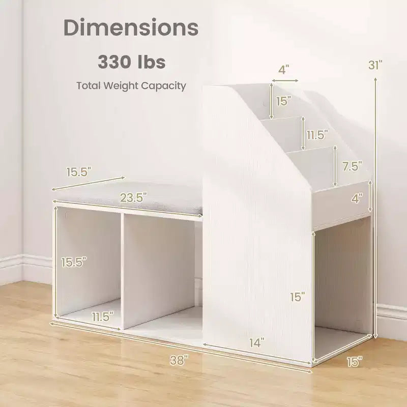 Banc de rangement pour chaussures avec coussin d'assise amovible et 3 compartiments de rangement latéraux