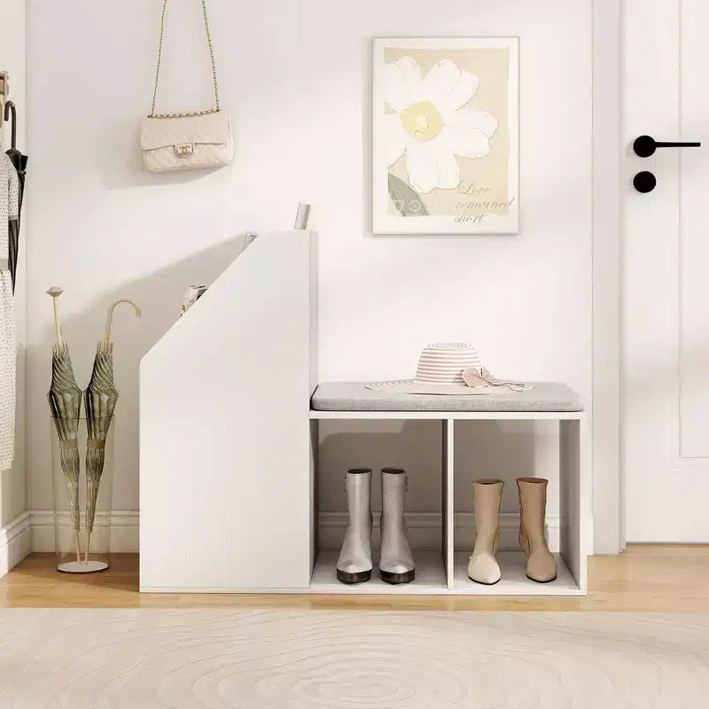 Banc de rangement pour chaussures avec coussin d'assise amovible et 3 compartiments de rangement latéraux