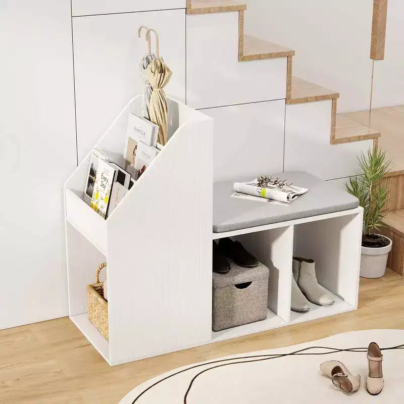 Banc de rangement pour chaussures avec coussin d'assise amovible et 3 compartiments de rangement latéraux