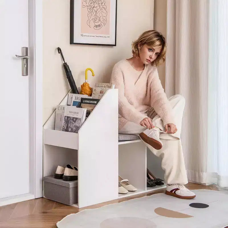 Banc de rangement pour chaussures avec coussin d'assise amovible et 3 compartiments de rangement latéraux