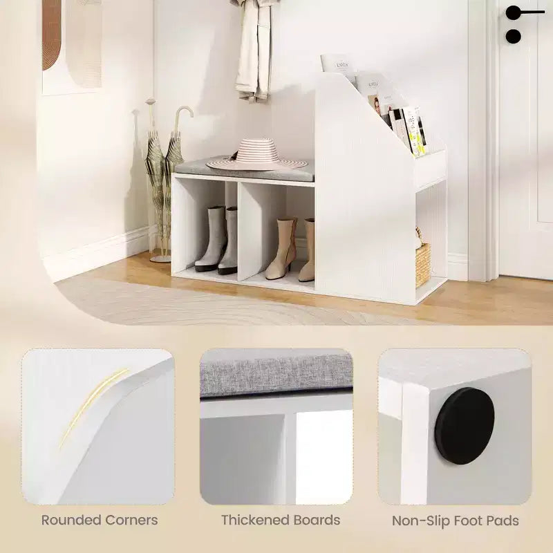 Banc de rangement pour chaussures avec coussin d'assise amovible et 3 compartiments de rangement latéraux