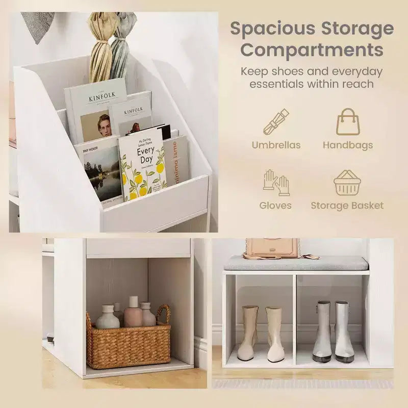 Banc de rangement pour chaussures avec coussin d'assise amovible et 3 compartiments de rangement latéraux