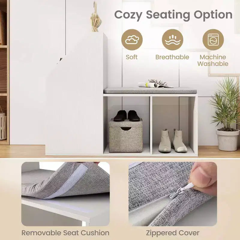 Banc de rangement pour chaussures avec coussin d'assise amovible et 3 compartiments de rangement latéraux