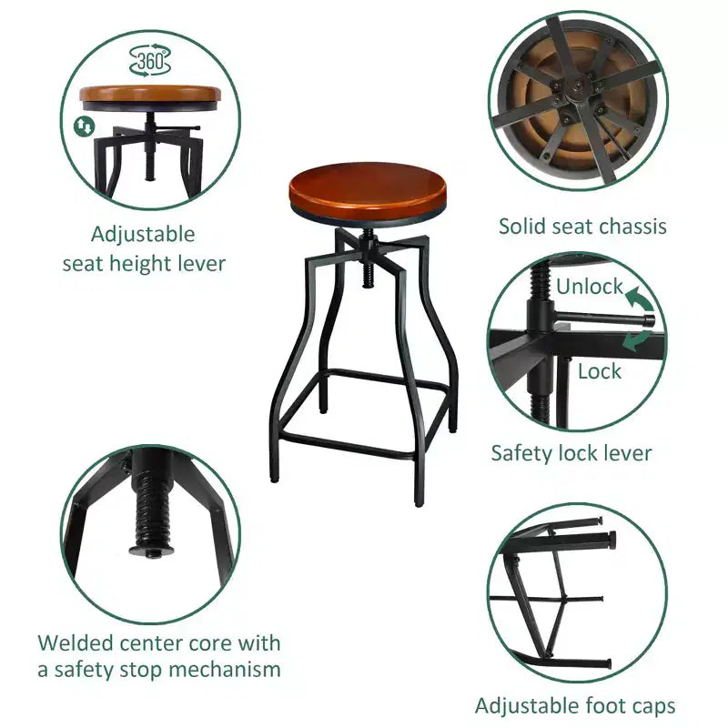 Tabouret de bar/comptoir pivotant en métal avec siège en placage de bois, marron et noir, lot de 2