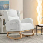Fauteuil à bascule en tissu Teddy avec pieds en bois de hêtre, ivoire
