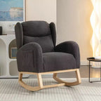 Fauteuil à bascule en tissu Teddy avec pieds en bois de hêtre, ivoire