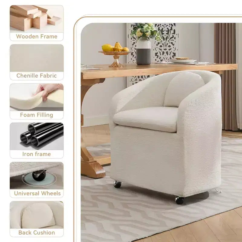 Lot de 1 fauteuil de salle à manger en tissu chenille avec coussin de dossier et roulettes universelles, beige