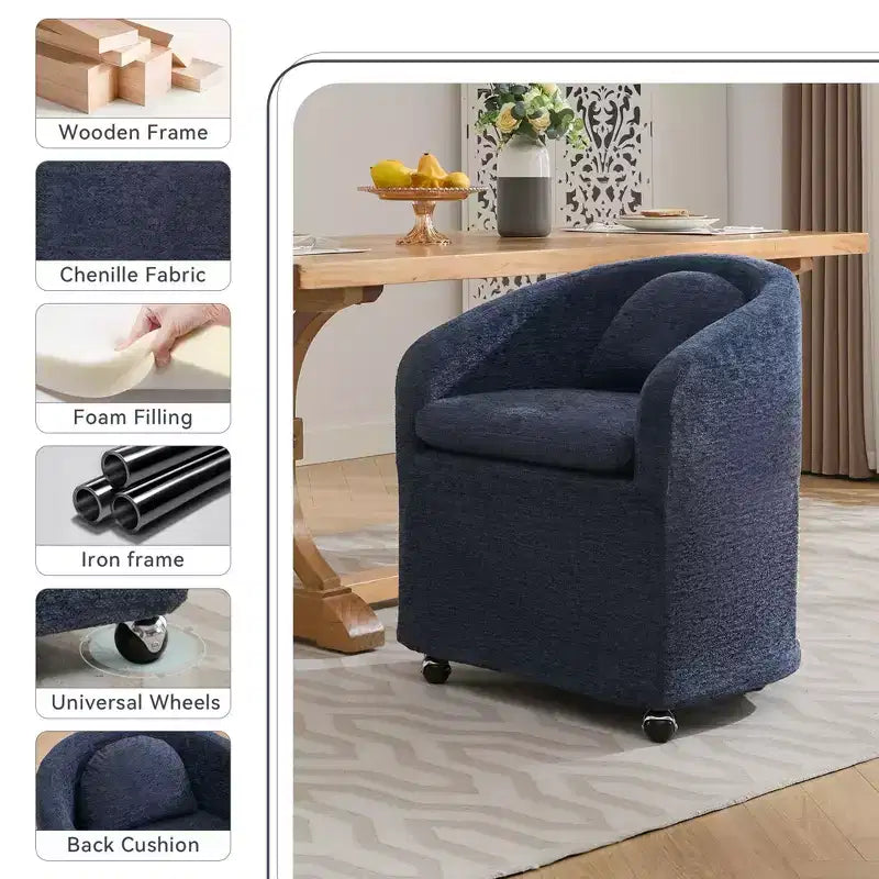 Lot de 1 fauteuil de salle à manger en tissu chenille avec coussin de dossier et roulettes universelles, beige