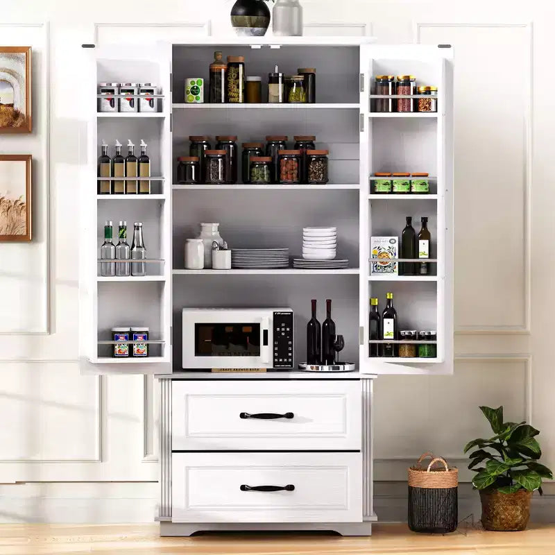 Élégant buffet de cuisine de style ferme de 71 po – 2 grands tiroirs, 8 étagères de porte à texture gaufrée, 3 étagères de placard pour cuisine et salle à manger