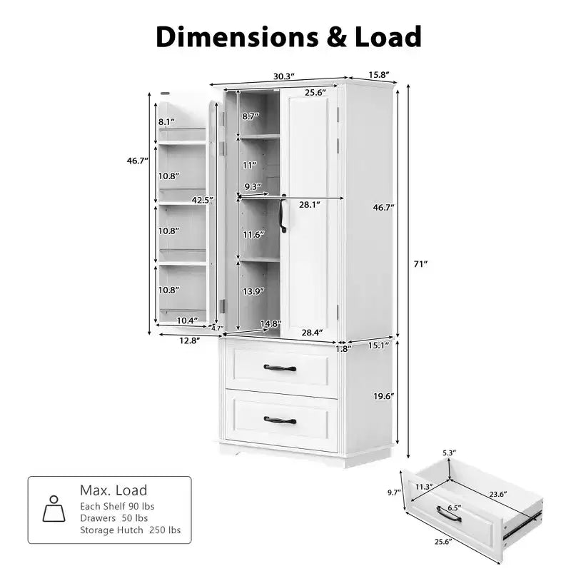 Élégant buffet de cuisine de style ferme de 71 po – 2 grands tiroirs, 8 étagères de porte à texture gaufrée, 3 étagères de placard pour cuisine et salle à manger