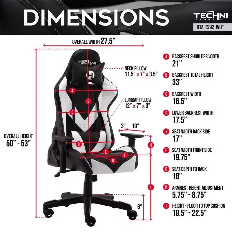Chaise de jeu ergonomique réglable, chaises de bureau pivotantes à 360° avec oreillers de tête et lombaires, fauteuil inclinable à 90-150° pour bureau et maison, 113 kg max, blanc