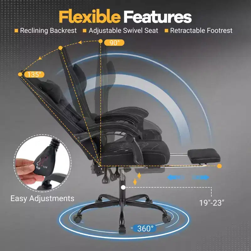 Chaise d'ordinateur réglable en hauteur avec appui-tête, soutien lombaire, accoudoirs articulés Noir/Gris