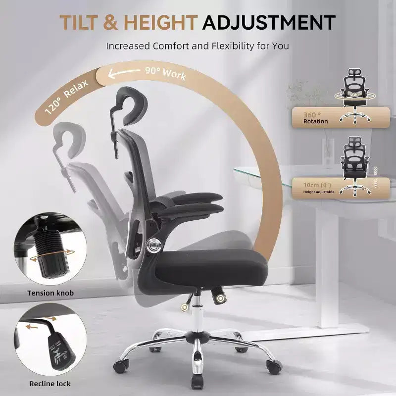 Chaise de bureau ergonomique - Chaise de bureau en maille avec roulettes, chaise de jeu d'ordinateur à dossier haut avec appui-tête réglable, chaise de travail pivotante à roulettes