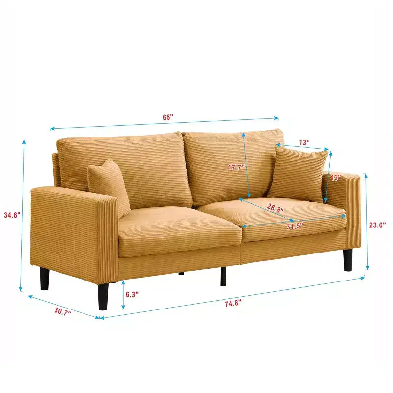 Canapé 3 places en velours côtelé haute résilience de 190 cm avec 2 coussins pour salon, chambre, appartement