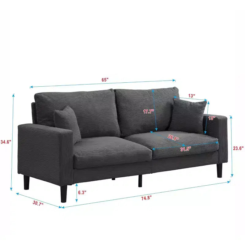 Canapé 3 places en velours côtelé haute résilience de 190 cm avec 2 coussins pour salon, chambre, appartement