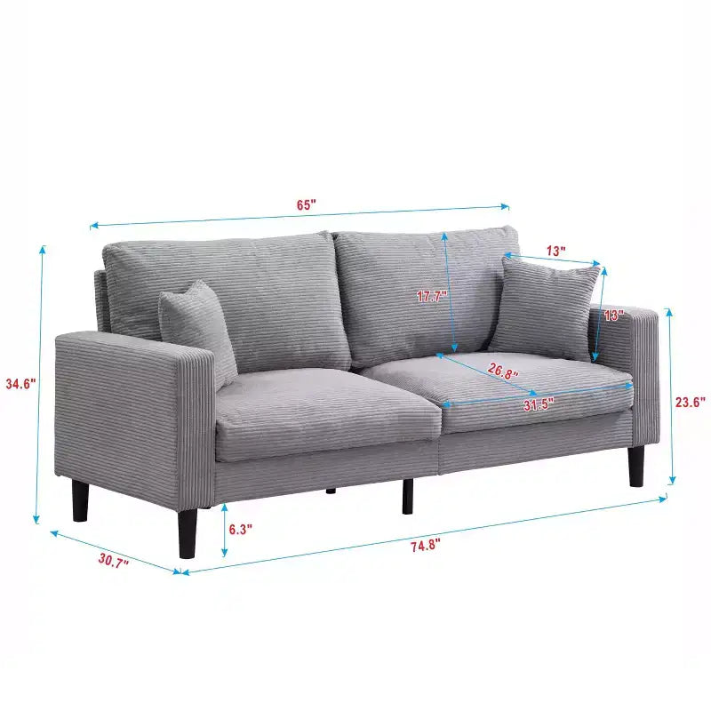 Canapé 3 places en velours côtelé haute résilience de 190 cm avec 2 coussins pour salon, chambre, appartement