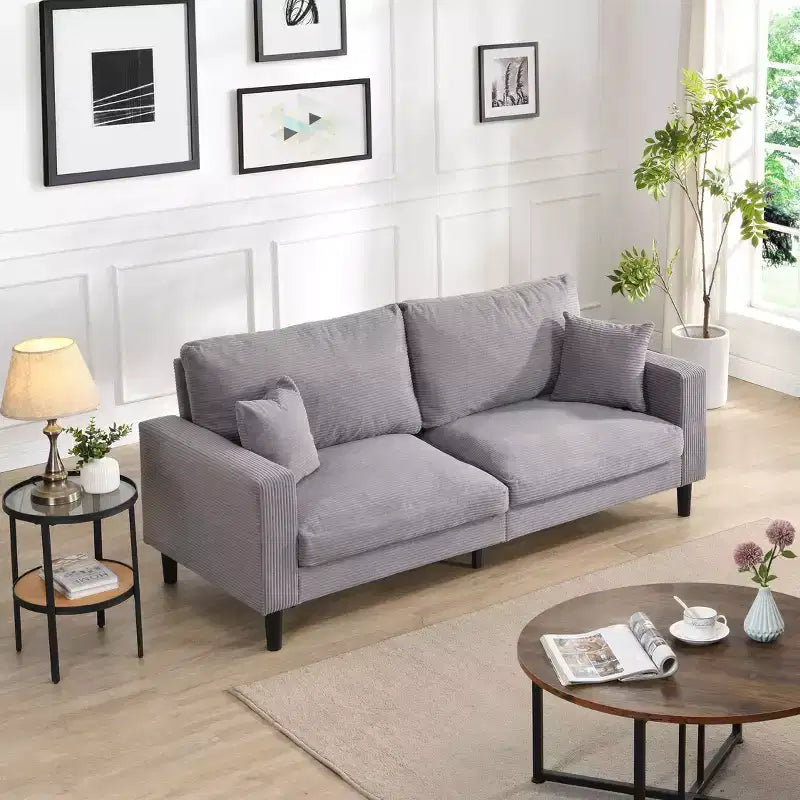 Canapé 3 places en velours côtelé haute résilience de 190 cm avec 2 coussins pour salon, chambre, appartement