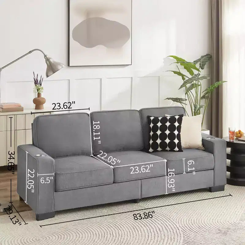 Canapé moderne en tissu polaire neige de 83,86 pouces, canapé 3 places avec 2 porte-gobelets pour salon, chambre, bureau, appartement