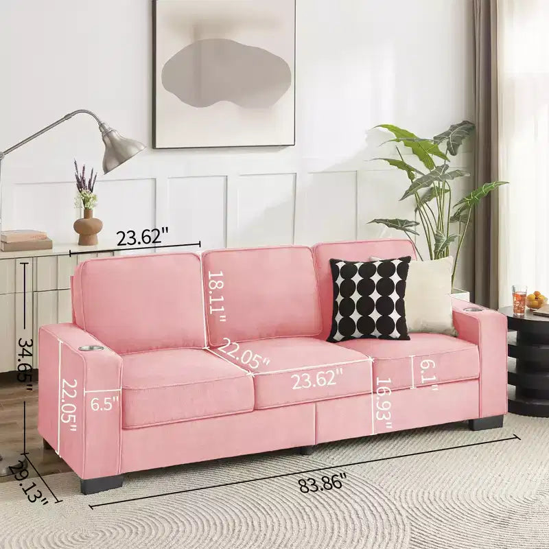 Canapé moderne en tissu polaire neige de 83,86 pouces, canapé 3 places avec 2 porte-gobelets pour salon, chambre, bureau, appartement