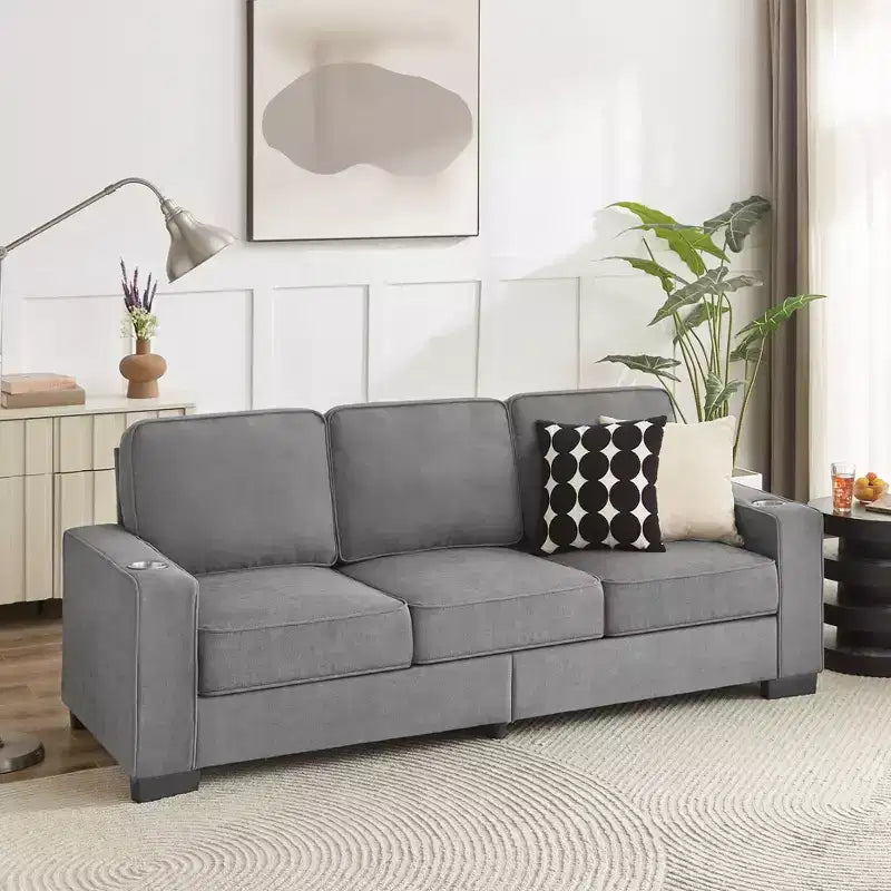 Canapé moderne en tissu polaire neige de 83,86 pouces, canapé 3 places avec 2 porte-gobelets pour salon, chambre, bureau, appartement