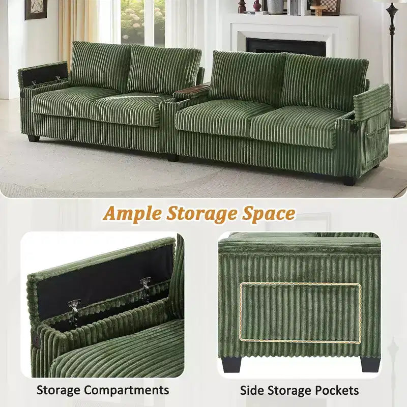 Canapé 4 places en velours côtelé 133 Canapé moderne avec ports Bras de rangement cachés Porte-gobelets rabattables pour salon Vert