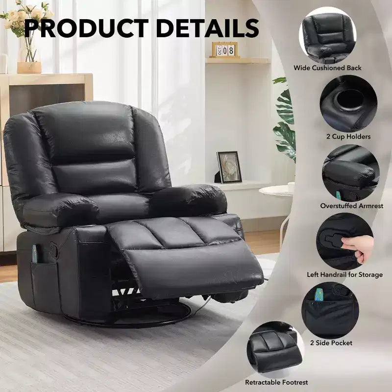 Fauteuil inclinable à bascule avec massage et chauffage, pivotant à 360°, extra large, chenille ou PU, pour salon et chambre à coucher