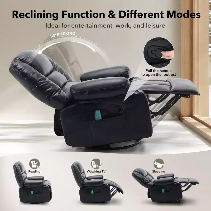 Fauteuil inclinable à bascule avec massage et chauffage, pivotant à 360°, extra large, chenille ou PU, pour salon et chambre à coucher