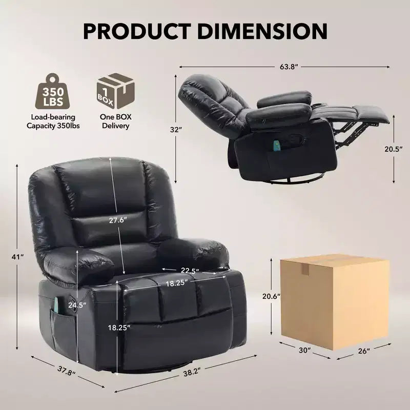 Fauteuil inclinable à bascule avec massage et chauffage, pivotant à 360°, extra large, chenille ou PU, pour salon et chambre à coucher