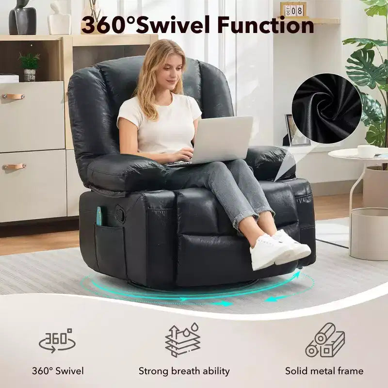 Fauteuil inclinable à bascule avec massage et chauffage, pivotant à 360°, extra large, chenille ou PU, pour salon et chambre à coucher